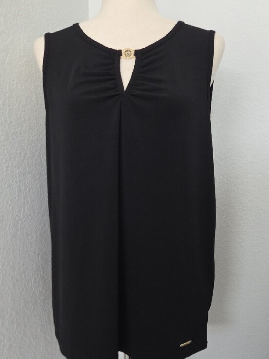 Anne Klein Tops - Anne Klein Black Sleeveless Tank with Gold Emblem Large Peekaboo Accent